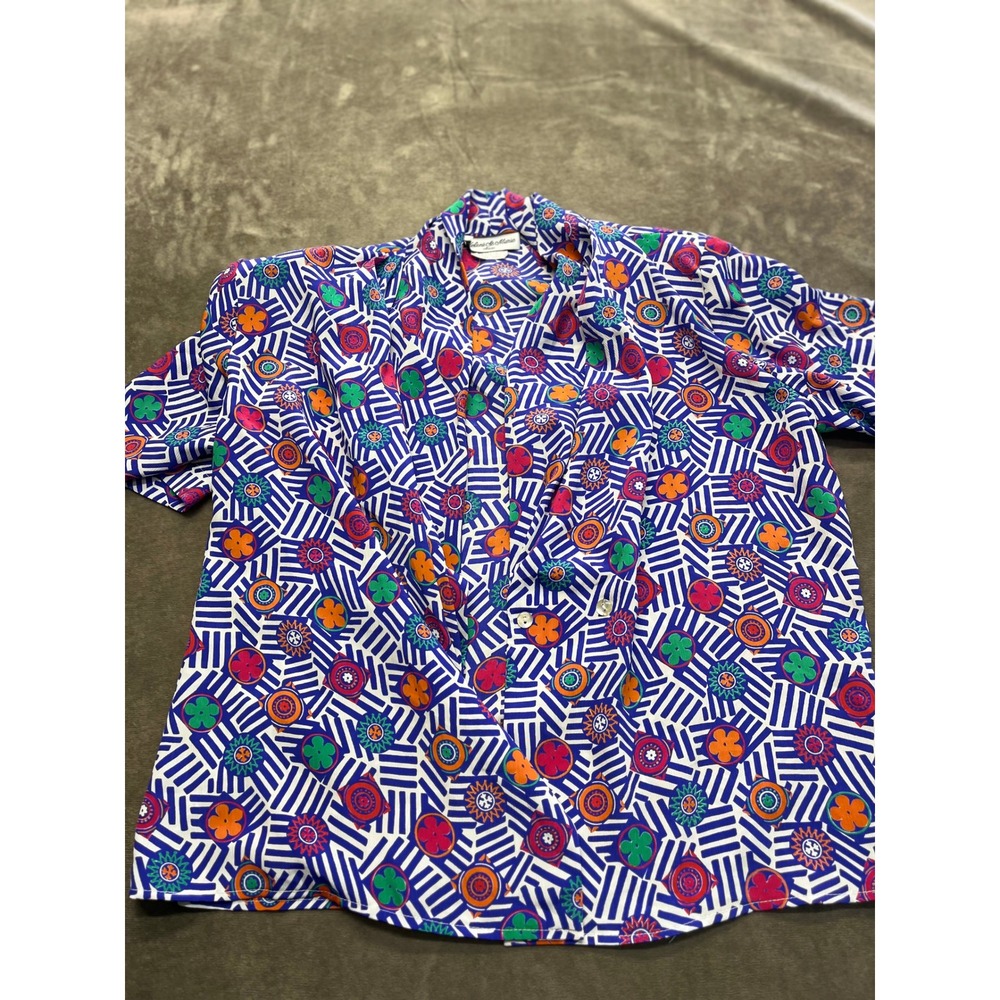 Selene St Marie Petite Vintage‎ Floral Geometric Button Up Blouse Blue Orange 8
